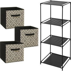 5Five Opbergrek Smartrack - met 3x mandjes stof - zwart/creme - 34 x 98 cm - Opbergkastjes