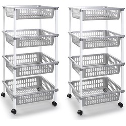 2x stuks zilverkleurige opberg trolleys/roltafels met 4 manden 85 cm - Opberg trolley