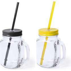 6x stuks drink potjes van glas Mason Jar zwart/geel 500 ml - Drinkbekers