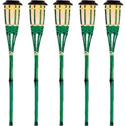 5x Groene buiten/tuin Led fakkel Bodi solar verlichting 54 cm vlam - Fakkels