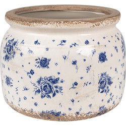 Clayre & Eef Bloempot  Ø 20x15 cm Beige Blauw Keramiek Roosjes Bloempot Binnen