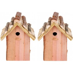 Set van 2x stuks houten vogelhuisjes met rieten dakje 18x27 cm - Vogelhuisjes