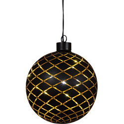 Kersthanger bal glas gouden binnenkant met diamant patroon 10led warm wit op batterij met timer d12 cm mat zwart