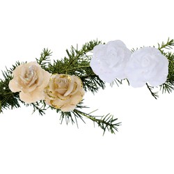 Set van 4x stuks decoratie bloemen rozen goud en wit op clip 9cm - Kersthangers