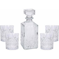 Glazen decoratie fles/karaf 900 ml met 4x glazen 230 ml voor water of likeuren - Karaffen