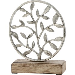 Decoratie levensboom rond van aluminium op houten voet 20 cm zilver - Beeldjes