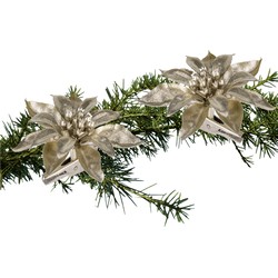 2x stuks kerstboom decoratie bloemen champagne glitter op clip 9 cm - Kersthangers