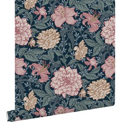 ESTAhome behang vintage bloemen blauw en oudroze - 0,53 x 10,05 m - 139382