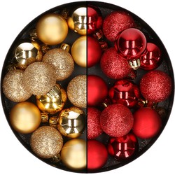 28x stuks kleine kunststof kerstballen goud en rood 3 cm - Kerstbal