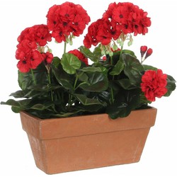 Geranium balkon kunstplant rood in keramieken pot L29 x B13 x H40 cm - Kunstplanten