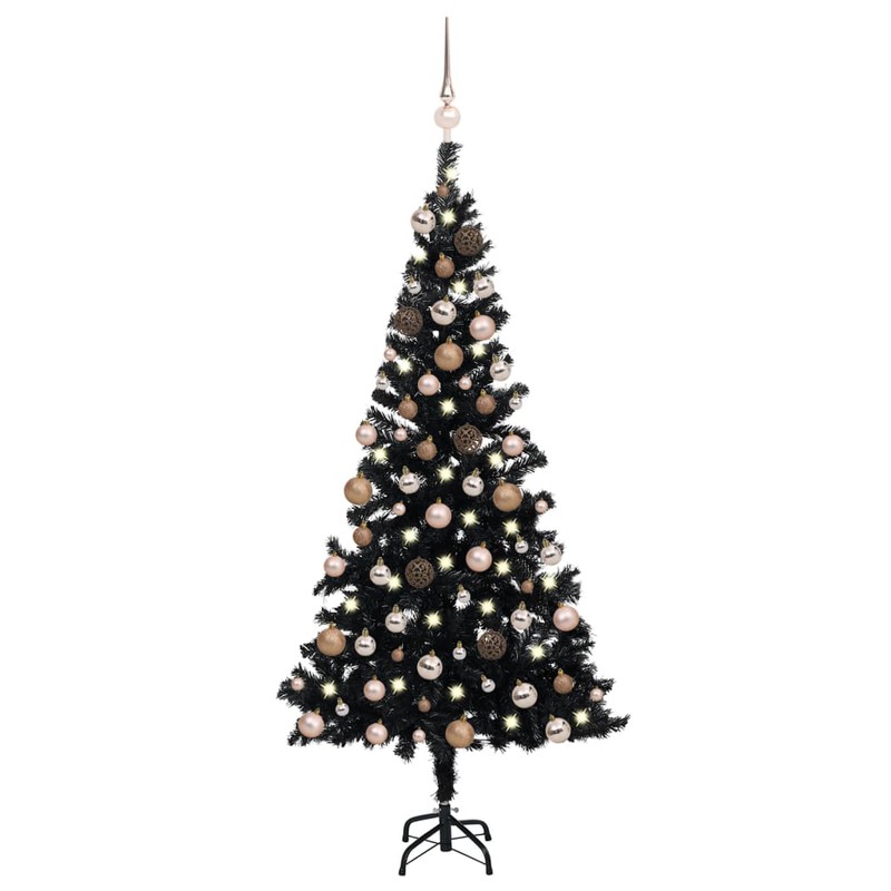 Prolenta Premium Kunstkerstboom met LED's en kerstballen 180 cm PVC zwart - 