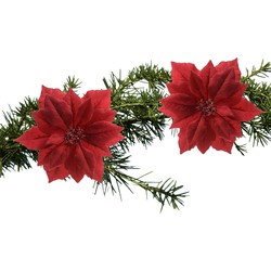 2x stuks kerstboom decoratie bloemen rood glitter op clip 24 cm - Kersthangers