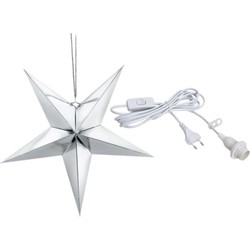 Kerstster decoratie zilveren ster lampion 70 cm inclusief witte lichtkabel - Kerststerren