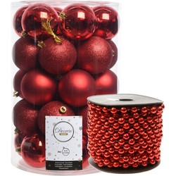 34x stuks kunststof kerstballen 8 cm inclusief kralenslinger rood - Kerstbal