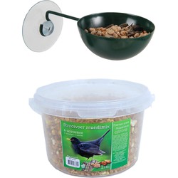 Raamvoederbakje voor vogelvoer 12 cm donker groen inclusief 4-seizoenen mueslimix vogelvoer - Vogel voedersilo