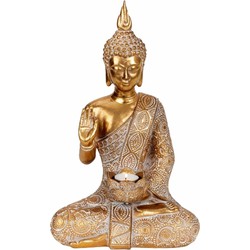 Boeddha beeldje met theelichthouder - binnen/buiten - kunststeen - goud - 38 x 23 cm - Beeldjes