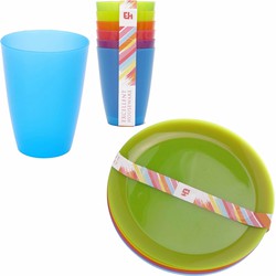 Set van 6x gekleurde borden en 6x gekleurde bekers kunststof voor kinderen - Drinkbekers