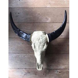 Buffel schedel skull bedrukt - Skull voor aan de muur - Dierenhoofd - Schedel decoratie - Skull - Skull gegraveerd - Beige - Zwart - 68 cm