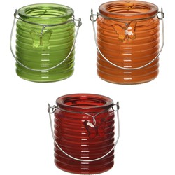 Citronella kaars - 3x - in windlicht - groen/oranje en rood - 20 branduren - citrusgeur - geurkaarsen