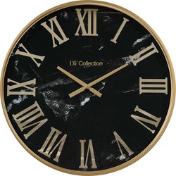 LW Collection LW Collection Wandklok Sierra Goud zwart Marmer 60cm - Wandklok romeinse cijfers - Industriële wandklok stil uurwerk