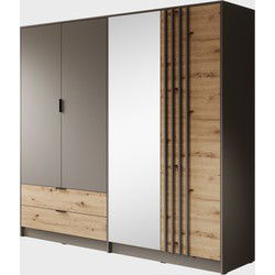 Meubella Kledingkast Roma - Grijs - Eiken - 221 cm - Met spiegel