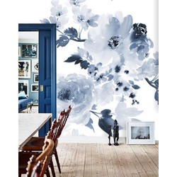 Zelfklevend behang XL Waterverf bloemen blauw 250x250 cm