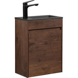 Badplaats Toiletmeubel Sinta 40 x 22 cm - Walnoot Bruin - Fonteinmeubel met Zwarte Wastafel