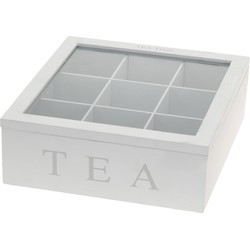 Witte houten theedoos - 9-vaks - 23 x 23 x 8 cm - Theekist - Theedozen