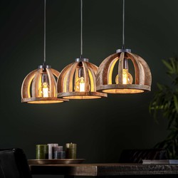 Hoyz - Hanglamp gemaakt van naturel mangohout- 3 lampen - Gebogen houten spijlen Ø30 - Stoere look -150cm in hoogte verstelbaar - Industriële Hanglamp voor woonkamer of eetkamer