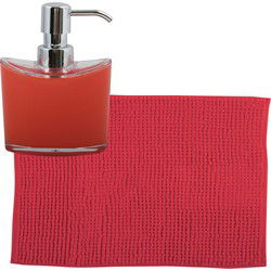 MSV badkamer droogloop mat/tapijtje - 40 x 60 cm - en zelfde kleur zeeppompje 260 ml - rood - Badmatjes