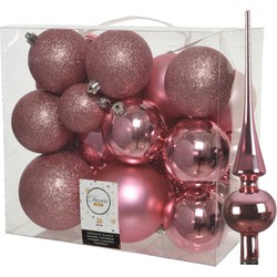 Set van 26x stuks kunststof kerstballen incl. glazen piek glans lippenstift roze - Kerstbal