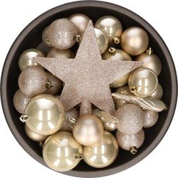 Set van 33x stuks kunststof kerstballen met ster piek parel/champagne mix - Kerstbal