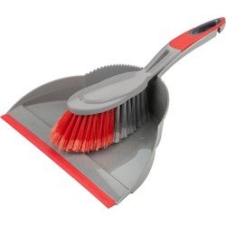 Buemag Stoffer en blik - kunststof - 35 x 25 cm - grijs/rood - met rubber rand - Stoffer en blik