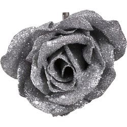 1x Kerstversieringen kerstbloemen zilver op clip - Kersthangers