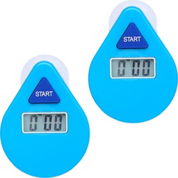 Douche timer/wekker - 2x stuks - met zuignap - 5 min - digitaal - blauw - 8 cm - Kookwekkers