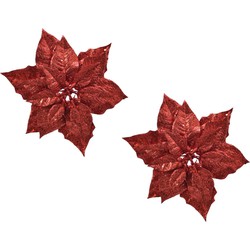 2x stuks decoratie bloemen kerstster rood glitter op clip 23 cm - Kunstbloemen