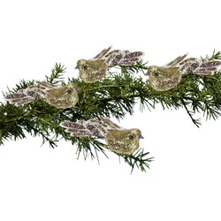 4x stuks kunststof decoratie vogels op clip goud met pailletten 15 cm - Kersthangers