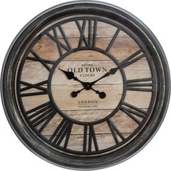 Atmosphera Wandklok/muur klok - Vintage - Dia 50 cm - kunststof/glas - Antraciet/hout - Wandklokken