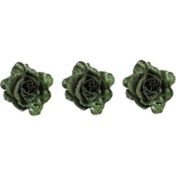 3x Groene decoratie roos glitters op clip 10 cm - Kersthangers