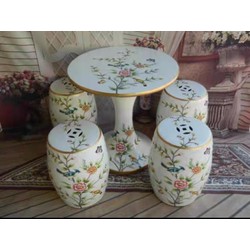 Fine Asianliving Ceramic Garden Stool Table Set White Flowers Handmade