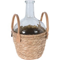 Flesvaas - glas - transparant - met gevlochten rieten mand - 20 x 31 cm - Vazen