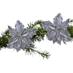 2x stuks kerstboom decoratie bloemen zilver glitter op clip 23 cm - Kersthangers