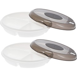 Excellent Houseware Magnetronschaal met vakjes - 2x - deksel - beige - kunststof - Dia 24 x H 6,5 cm - Magnetronbakken