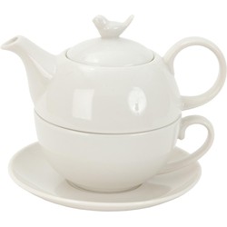 Clayre & Eef Tea for One  400 ml Wit Keramiek Rond Vogel Theepot set