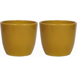 2x stuks bloempot glanzend oker geel keramiek voor kamerplant H9.8 x D12 cm - Plantenpotten