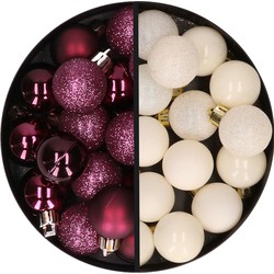 34x stuks kunststof kerstballen aubergine paars en wolwit 3 cm - Kerstbal
