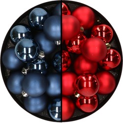 32x stuks kunststof kerstballen mix van donkerblauw en rood 4 cm - Kerstbal