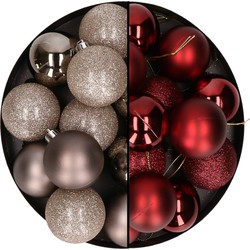 24x stuks kunststof kerstballen mix van champagne en donkerrood 6 cm - Kerstbal