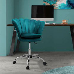 Bureaustoel met wielen en rugleuning schelpdesign 68x68 cm petrol fluweel metalen frame ML design