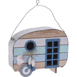 Houten vogel voeder huisje voor pindas/vetbollen caravan blauw 22 x 18 x 8 cm - Vogelvoederhuisjes